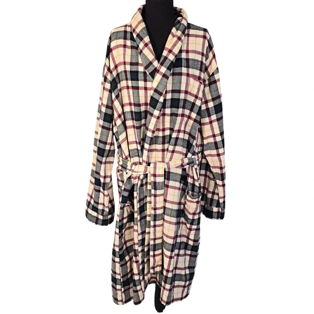 LL Bean Mens Large Plaid Flannel Robe Cotton Tartan Loungewear Classic Preppy